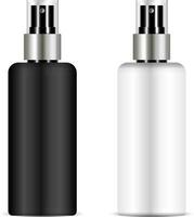 Black and white sprayer bottle set with transparent lid for for cosmetic, perfume, deodorant, freshener. Realistic Vector Illustration isolated on background.