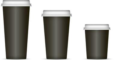 Black coffee cups set isolated on background. Eps 10 Vector illustration. Disposable paper or plastic cups with lid for espresso, latte or tea.