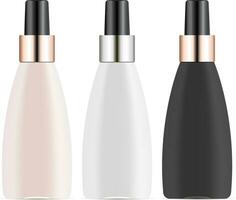 Vector 3d realistic set of cosmetic oil bottles, silver and gold with black caps, plastic or glass. Mock-up for product package branding.