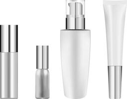 Bottle set for cosmetics. Realistic vector illustration. Mirror lid white basis bottles separated on background. Metallic or plastic material.