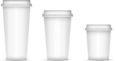 White coffee cups set isolated on background. Eps 10 Vector illustration. Disposable paper or plastic cups with lid for espresso, latte or tea.