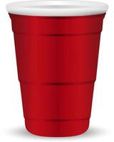 Red party cup realistic 3d vector illustration. Disposable plastic or paper container mockup for drinks and fun games isolated on white background.