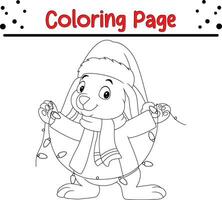 Happy Christmas Rabbit coloring page for children. vector