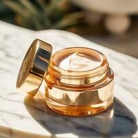 Luxury gold face cream jar on luxurious marble under golden sunlight at spa, beauty and skincare product, generative ai photo