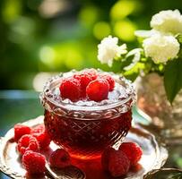 Raspberry jam and raspberries in a crystal bowl, country food and English recipe idea for menu, food blog and cookbook photo