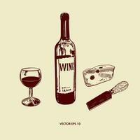 A bottle of red wine, a glass, a piece of cheese, a knife for cutting cheese. Vector illustration in graphic style. Design element for menus, wine lists, labels, banners, flyers.