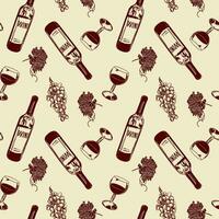 Bottle and glass of red wine, grapevine, leaves. Vector illustration of seamless pattern. Design element for menus, wine lists, labels, banners, flyers, wrapping paper.