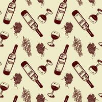 Bottle and glass of red wine, grapevine, leaves. Vector illustration of seamless pattern. Design element for menus, wine lists, labels, banners, flyers, wrapping paper.