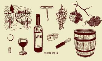 botella, vaso, barril de vino, uvas, hojas, queso, viñedos, botella abrelatas. vector ilustración de un vino conjunto en gráfico estilo. diseño elemento para menús, vino liza, etiquetas, pancartas, volantes