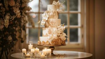 Wedding cake design, autumnal dessert styling and holiday decoration, multi-tier cake for an autumn event venue, food catering service and elegant country decor, cottage style photo