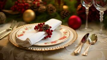 fiesta mesa decoración, Navidad Días festivos celebracion, paisaje de mesa y cena mesa configuración, Inglés país decoración y hogar peinado foto