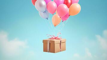 Postal service, shop delivery and online shopping, flying balloons carrying a parcel box, generative ai photo