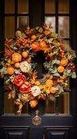 Autumn wreath decoration, autumn holiday season in the English countryside style, botanical autumnal decor photo