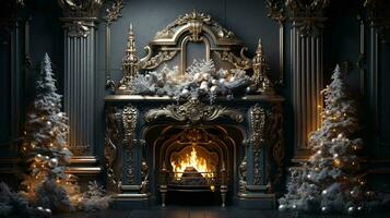 A room with a fireplace decorated with Christmas decorations with a tree and New Year's gifts and toys photo