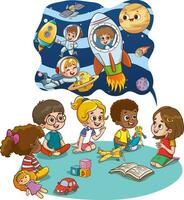 linda pequeño niña participación libro y narración historia a su amigos sentado alrededor en piso. sonriente niños escuchando a hada cuento. dibujos animados vector ilustración.