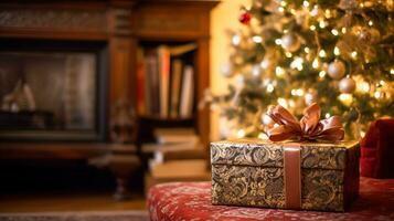 Navidad regalos, contento Días festivos y fiesta celebracion, envuelto regalo cajas, regalos y decorado Navidad árbol, generativo ai foto