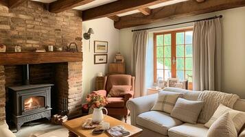 Farmhouse cottage interior design, home decor, sitting room and living room, sofa and furniture in English country house style photo