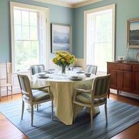 comida habitación decoración, interior diseño y casa mejora, elegante mesa con sillas, mueble y clásico azul hogar decoración, país cabaña estilo foto