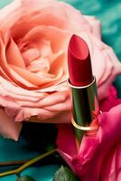 Pink lipstick in a golden tube and blooming rose flower, beauty cosmetic and make-up product, generative ai photo