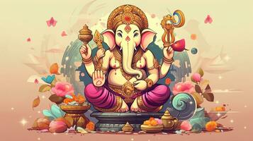 Lord Ganesha in Cartoon Style. Adorned with Ornaments on a Pastel Background, Radiating Divine Charm photo