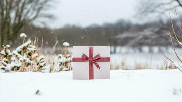 Navidad fiesta regalo y presente, regalo caja en el nieve en nevada invierno campo naturaleza para boxeo día, Días festivos compras rebaja foto