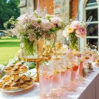 Boda buffet mesa, evento postre comida abastecimiento para boda, fiesta y fiesta celebracion, pasteles, dulces y postres en un país jardín, generativo ai foto