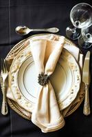 Elegant dinner table setting arrangement in English country style as flatlay tablescape, folded napkin on a serving plate, tableware and holiday table decor, generative ai photo