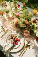 Country tablescape, formal dinner table setting, table scape with strawberry decoration for wedding party and holiday event celebration, generative ai photo