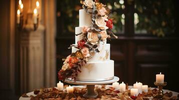 Wedding cake design, autumnal dessert styling and holiday decoration, multi-tier cake for an autumn event venue, food catering service and elegant country decor, cottage style photo