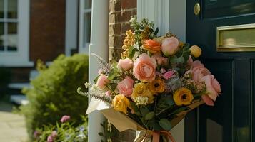 Flower shop delivery and holiday gift postal service, beautiful bouquet of flowers on a house doorstep in the countryside, generative ai photo