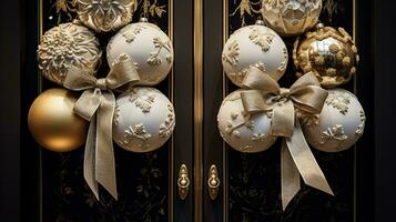 Christmas decoration details on English styled luxury high street city store door or shopping window display, holiday sale and shop decor photo