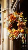 Autumn wreath decoration, autumn holiday season in the English countryside style, botanical autumnal decor photo