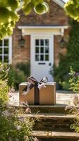 Elegant gift shop delivery, postal service and luxury online shopping, parcel box with a bow on a house doorstep in the countryside, generative ai photo