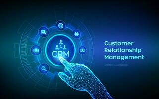 CRM. Customer Relationship Management. Customer service and relationship. Enterprise Communication and planning concept on virtual screen. Robotic hand touching digital interface. Vector illustration.