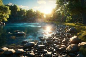 forest river with stones on shores at sunset. AI generated photo