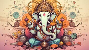 Lord Ganesha in Cartoon Style. Adorned with Ornaments on a Pastel Background, Radiating Divine Charm photo