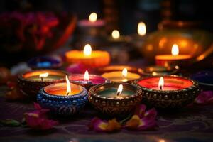 diwali celebracion. diya petróleo lamparas en oscuro antecedentes. generativo ai foto