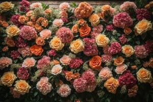 Artificial Flowers Wall for Background in vintage style. AI generated photo