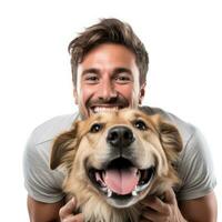 contento hombre abrazando su perro en blanco antecedentes. generativo ai foto