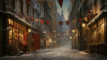 invierno calle con festivo decoración para Navidad vacaciones. generativo ai foto