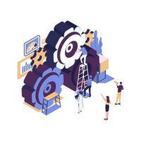 Business concept of vector illustration, little people links of mechanism, business mechanism, abstract background with gears, people are engaged in business promotion, strategy analysis, vector