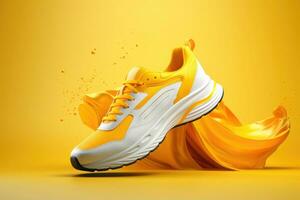 Creative bright colorful sneakers on abstract background. Generative AI photo