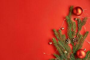 Christmas greeting banner on red backround, flat lay photo