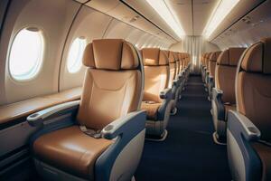 Empty passenger seats in cabin of the aircraft. Plane interior. Generative AI photo