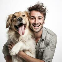 contento hombre abrazando su perro en blanco antecedentes. generativo ai foto