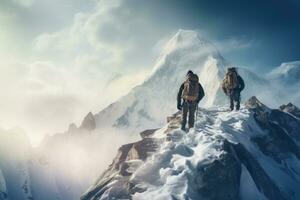 Two climbers climb the peak of a snow covered mountain. Generative AI photo
