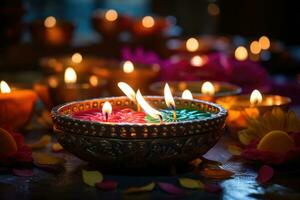 diwali celebracion. diya petróleo lamparas en oscuro antecedentes. generativo ai foto