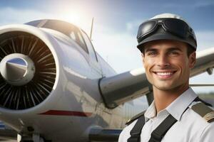 Male pilot standing near private jet in airport. Generative AI photo