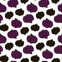 A pattern with purple and black pumpkins on a white background. Modern abstract seamless pumpkin pattern. Texture of dark pumpkins for Halloween, autumn theme. Mystical, festive dark ornament. Rot vector