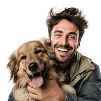 contento hombre abrazando su perro en blanco antecedentes. generativo ai foto